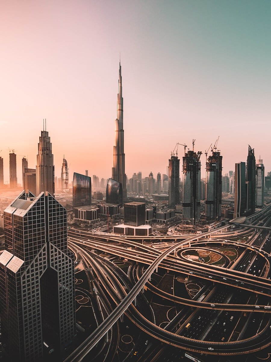 The Dubai skyline at dusk with the Burj Khalifa above the city